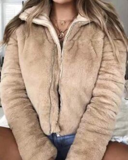 Turndown collar faux fur jackets Women long sleeve zipper